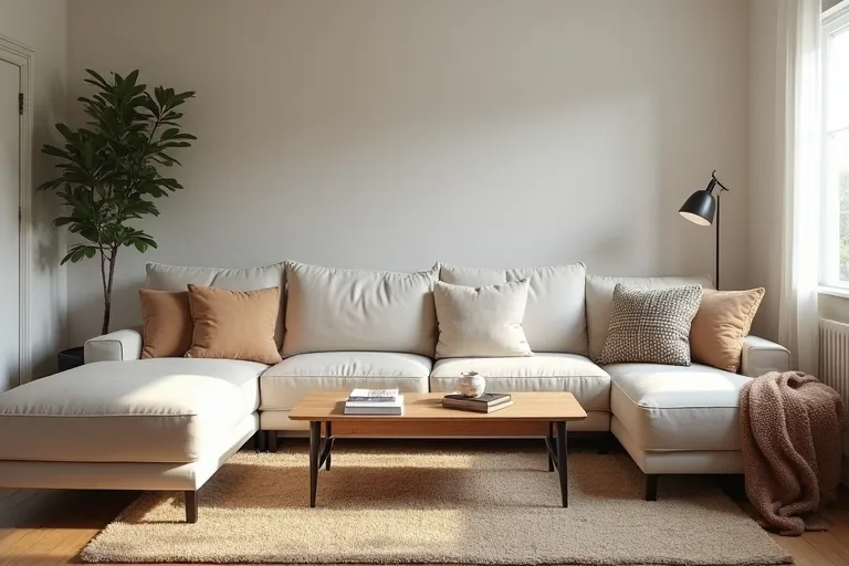 A living room seating area showing the relationship between a sofa and coffee table with practical walking space