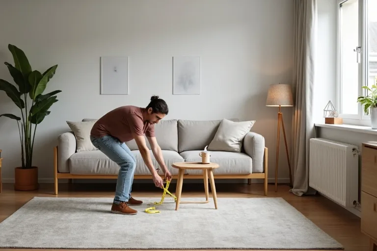 A neutral living room showing a sofa layout being checked for flow, seating distance, and focal point.