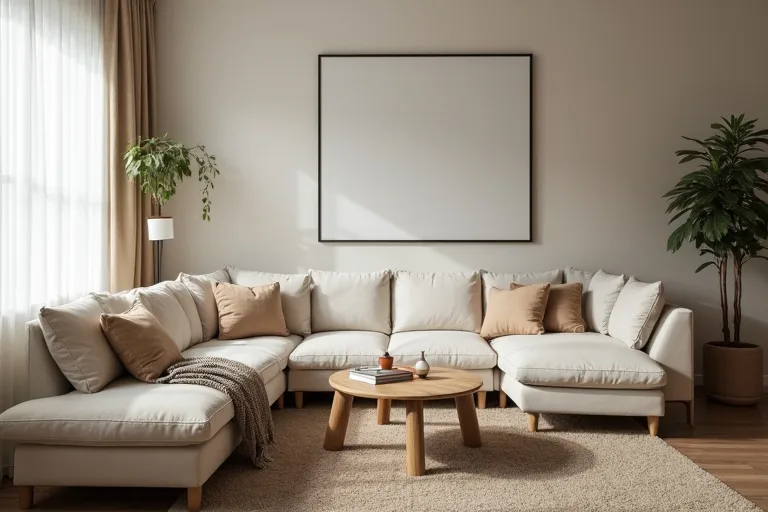 A realistic living room with a wood coffee table and sofa arranged to show a crowded layout and comfort spacing