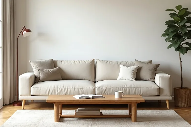 A calm living room with a wood coffee table sized for comfortable seating and easy everyday movement.