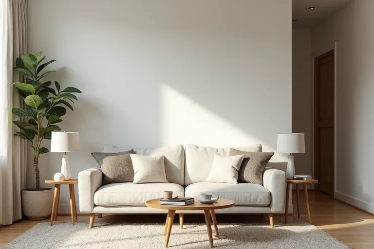 A softly styled living room showing a practical seating plan with space for lamps and small finishing touches.
