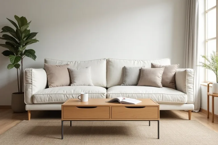 A tidy living room seating area showing a coffee table placed with comfortable clearance around it.