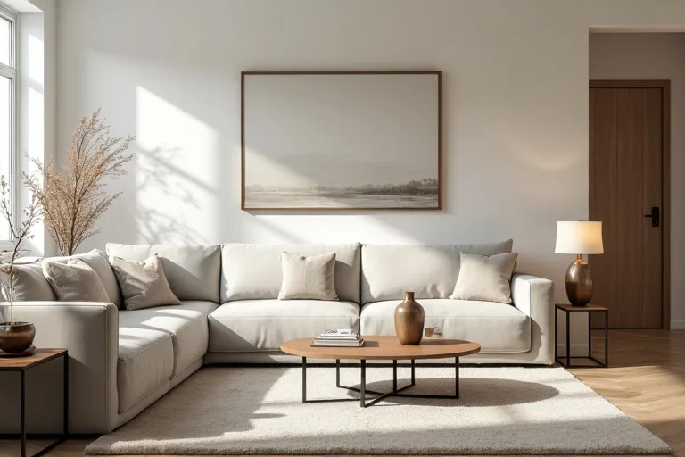 Living room sofa placement that keeps a clear walking path beside the seating area.