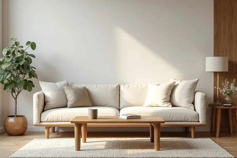A calm editorial living room scene showing a wood coffee table with enough space for daily use and movement.