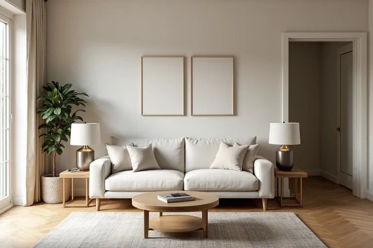 A calm living room with a sofa layout that leaves a clear walkway and improves room flow.