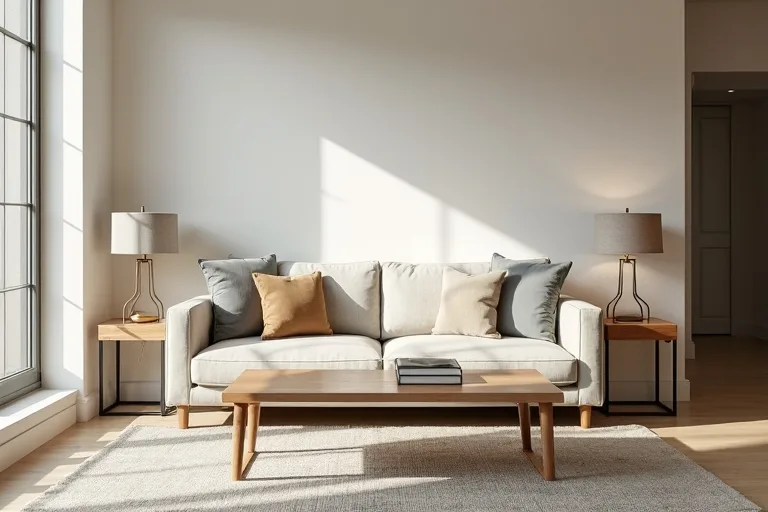 A balanced living room layout with a sofa, table, and open space around the seating area.