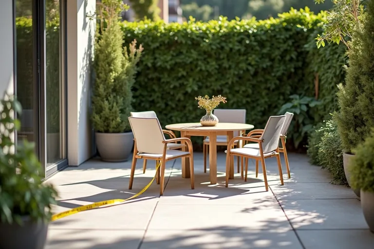 Outdoor dining table planning with chairs placed around a patio layout in natural daylight