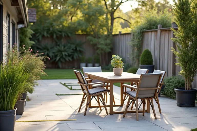 A backyard patio dining area with a measuring tape, outdoor table, and patio chairs in a calm realistic setting