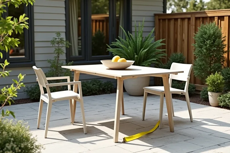 A calm outdoor dining setup with patio chairs, a table, and measuring tape used for space planning