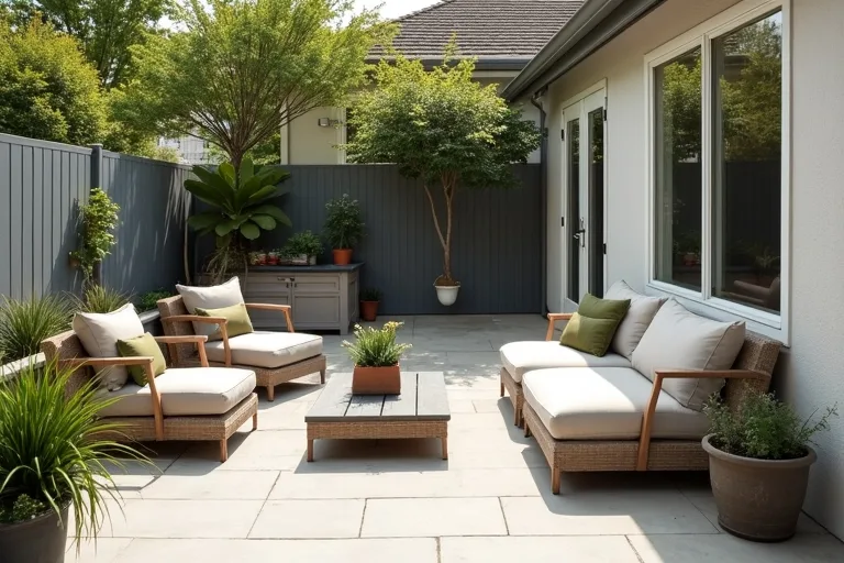 Outdoor seating with practical storage for cushions beside the patio