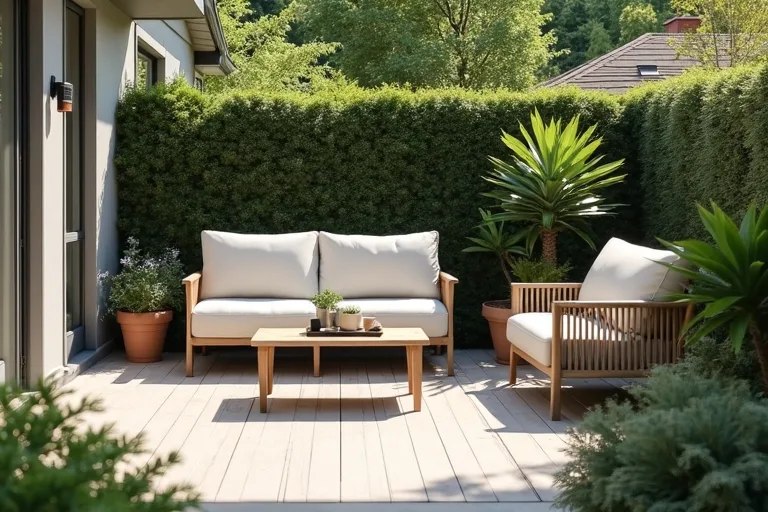 A calm backyard seating area with a patio conversation set and a waterproof storage box beside it