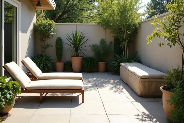 A measured backyard seating area with clear circulation around patio furniture