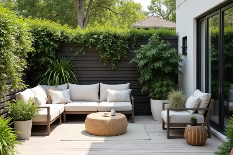 A tidy backyard seating area with storage nearby to keep cushions and clutter out of sight