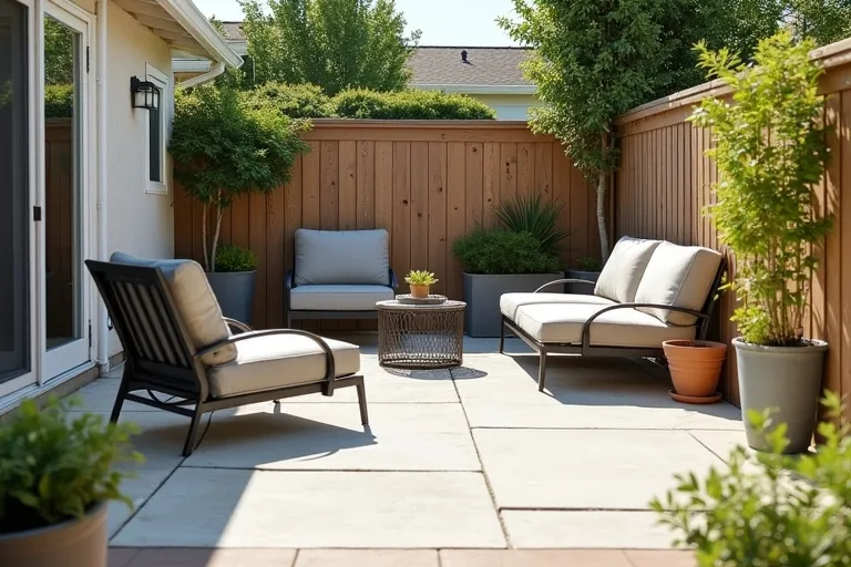 A practical backyard seating area with patio furniture, cushions, and a waterproof storage box