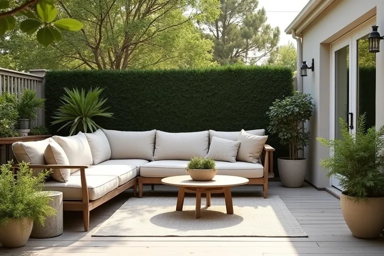 A practical backyard seating area with patio seating, a waterproof storage box, and simple greenery