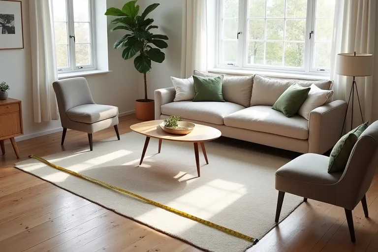 A living room layout with a rug positioned to test furniture placement and walking space