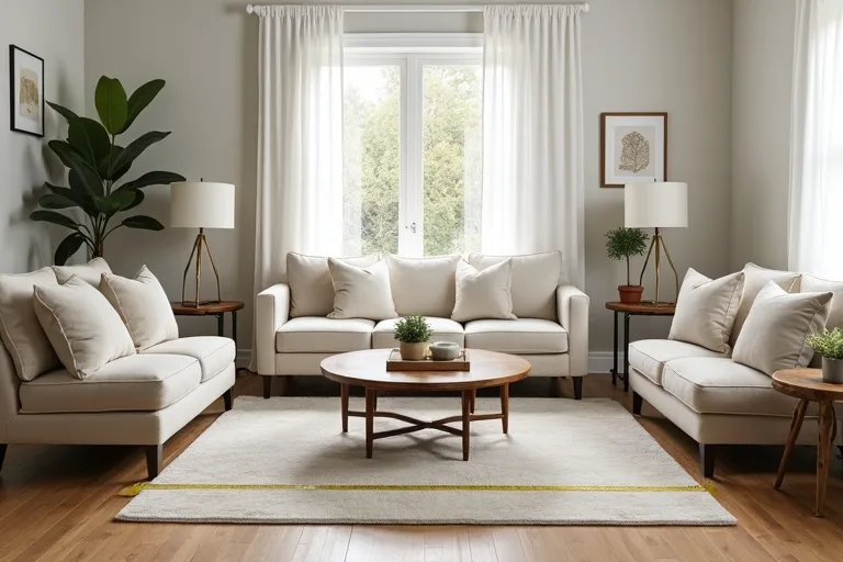 A calm living room seating area with furniture arranged around a measured rug zone