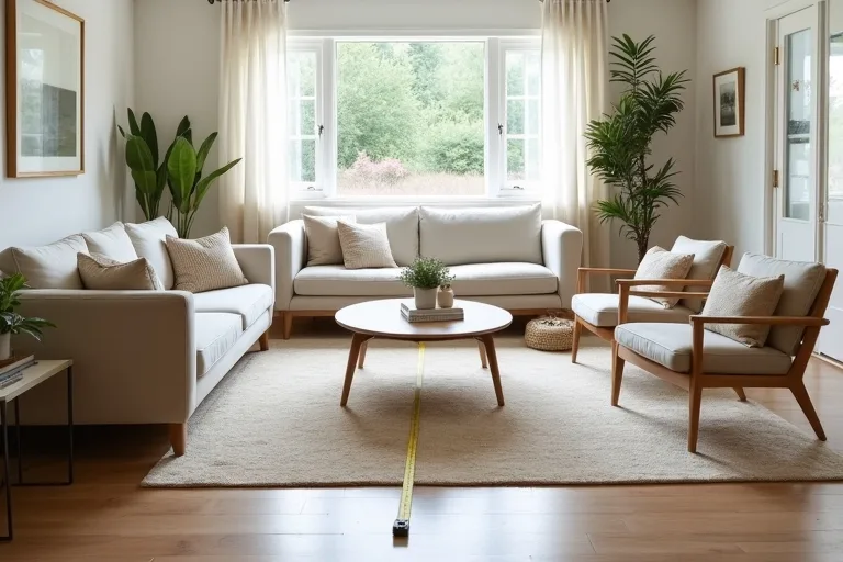 A living room seating area with a neutral area rug being measured for size and placement