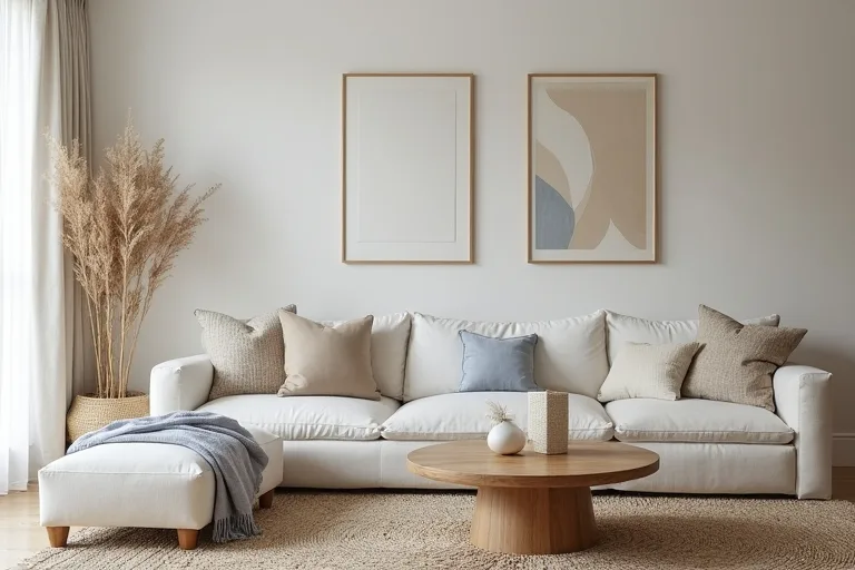 A coastal living room with natural wood, pale fabrics, and a simple layout that supports everyday use.