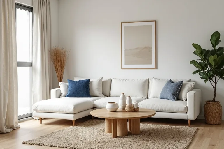 A practical coastal-inspired seating area with soft textures, open space, and comfortable everyday styling.