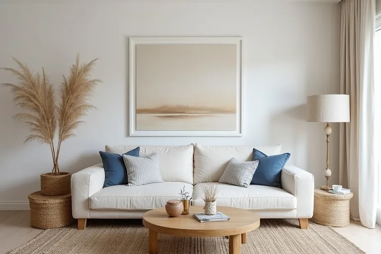 A calm coastal-inspired living room with neutral abstract wall art and modern candle holders, styled for comfort and function.