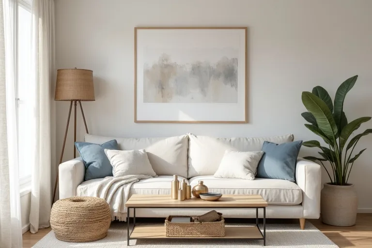 A bright coastal-inspired living room with soft neutral seating, natural textures, and simple lines.