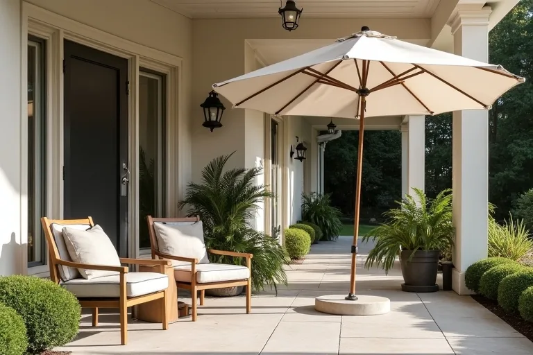 A practical front porch layout with a small seating group and room to move comfortably.
