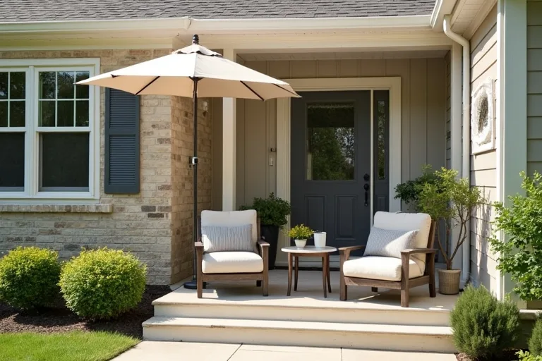 A calm front porch with simple seating, outdoor pillows, and a patio umbrella in a realistic home setting.