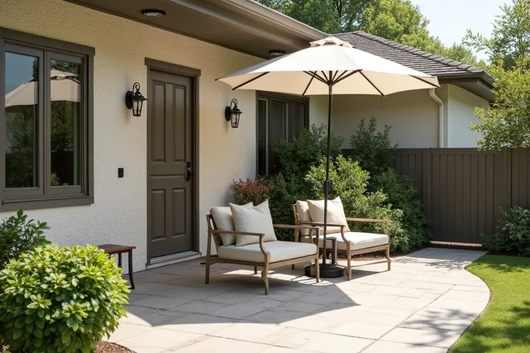 A calm front porch with a shaded seating area and simple, easy-to-maintain styling.