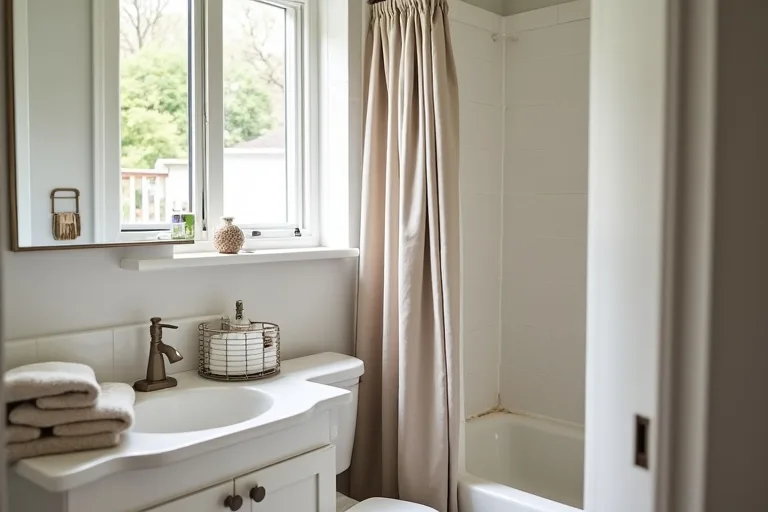 A calm guest bathroom with a neutral shower curtain, simple countertop organizer tray, and soft practical decor.