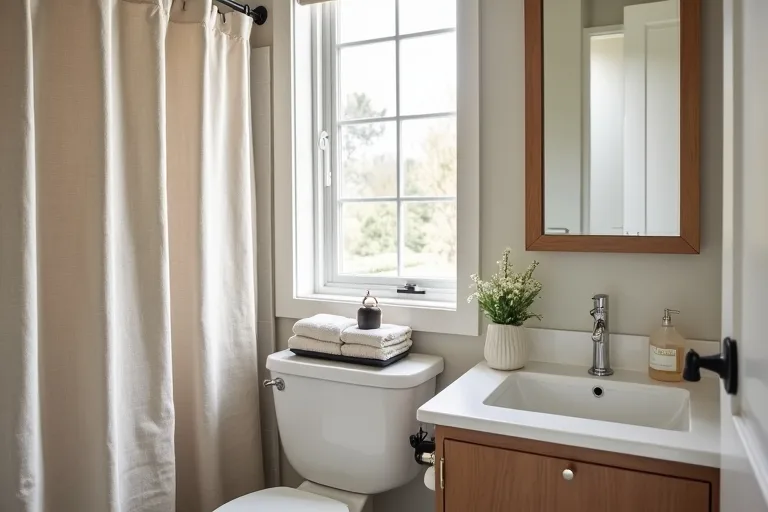 A small guest bathroom showing a tidy vanity and simple everyday layout.