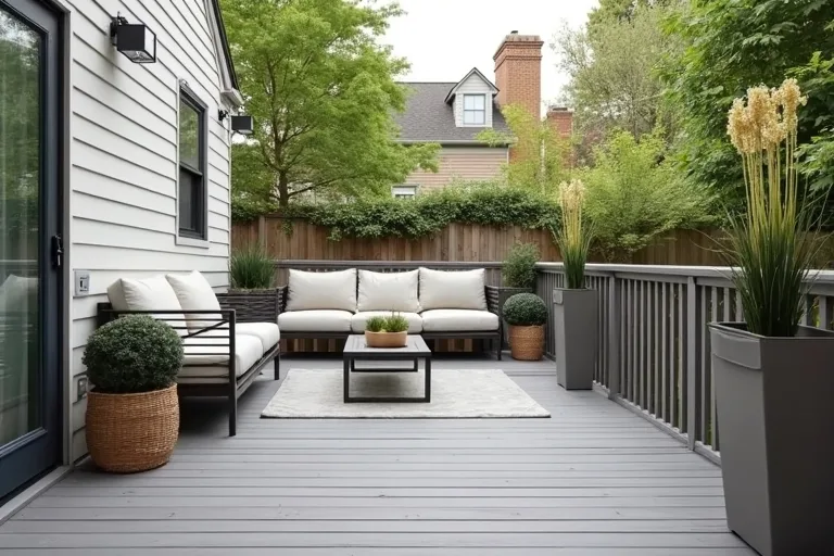 A calm backyard deck with simple decor, large outdoor planters, and a waterproof storage box.