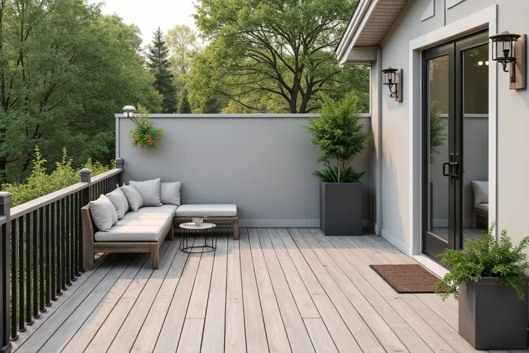 A deck with planters and a storage box that help define zones and reduce clutter.