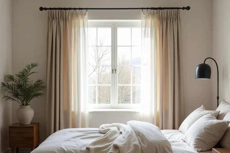 Floor-length bedroom curtains with a higher rod placement that helps the window look taller and more balanced.