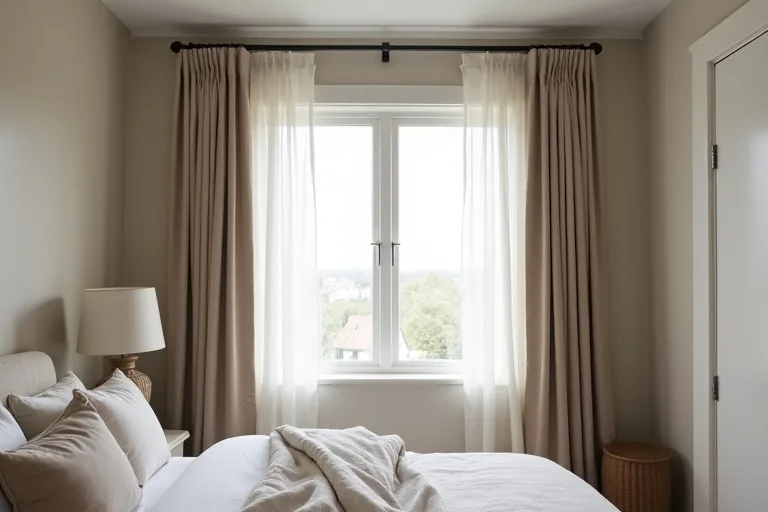 A calm bedroom with floor-length curtains hung high above the window, making the room feel taller and softer.