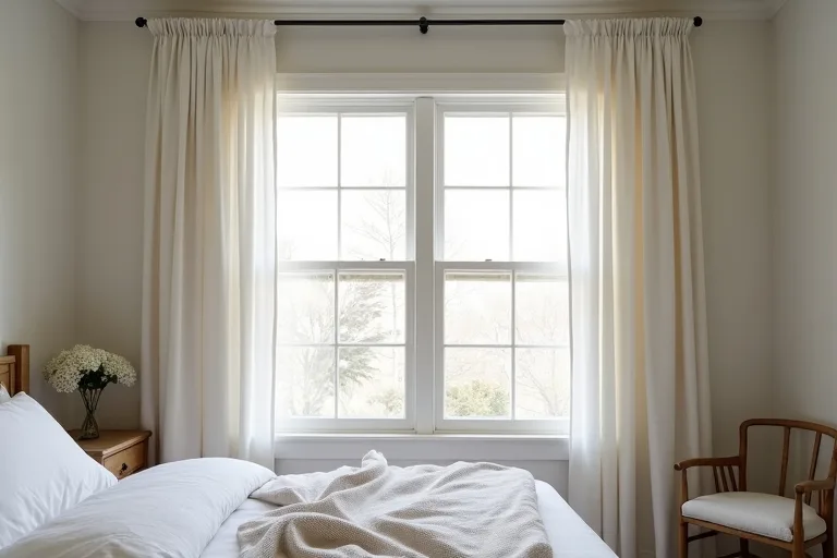 A calm bedroom window with curtains selected to soften the space and complete the room without visual clutter.