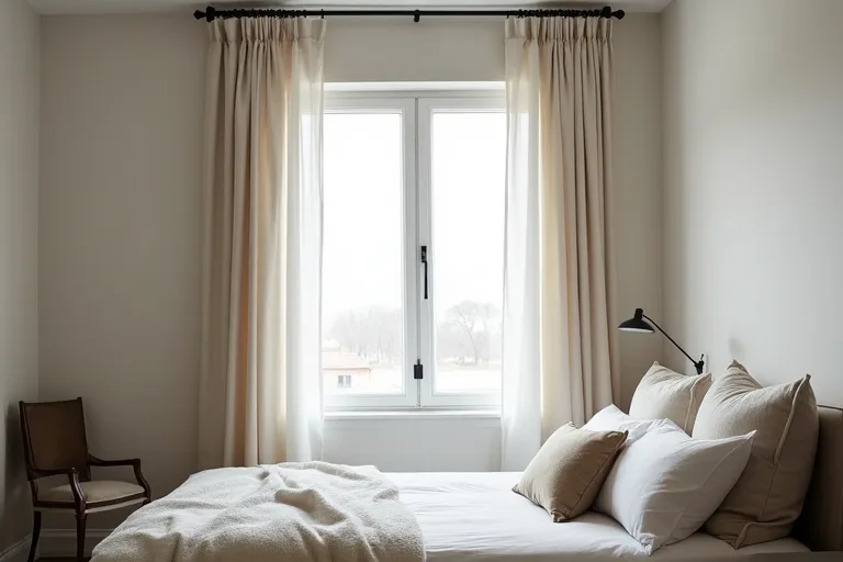Bedroom curtains framing a window in a way that makes the wall feel taller and more softly finished.