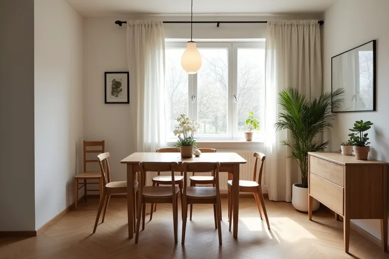 Upholstered dining chairs placed around a table with enough space to pull them out.