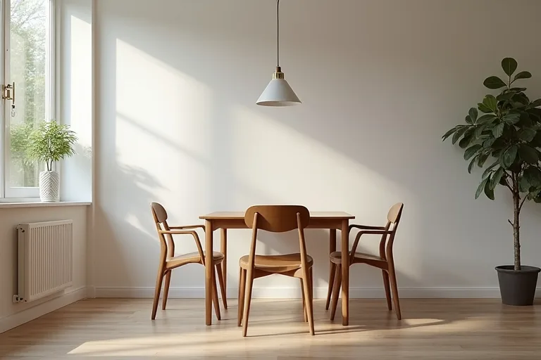 A dining table arranged with chairs that leave room to walk around it.