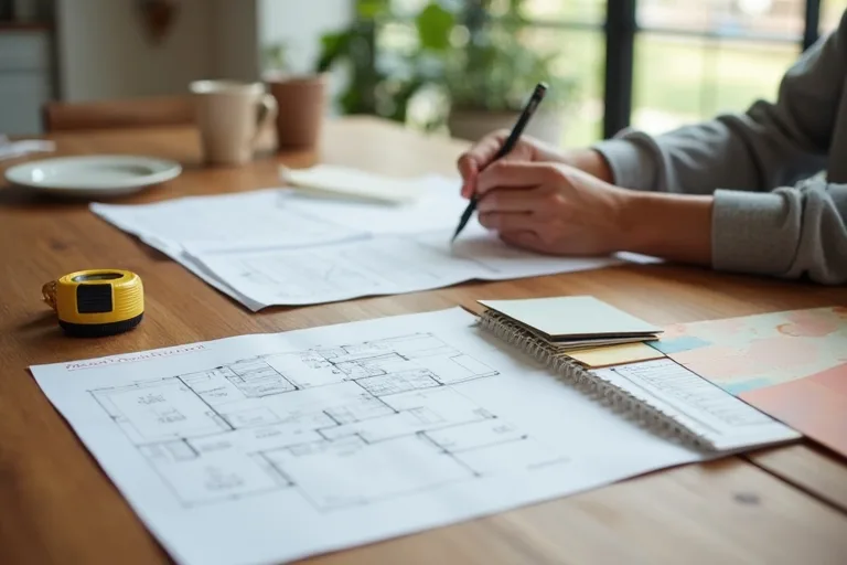 Homeowner reviewing renovation budget notes and planning materials at a kitchen table