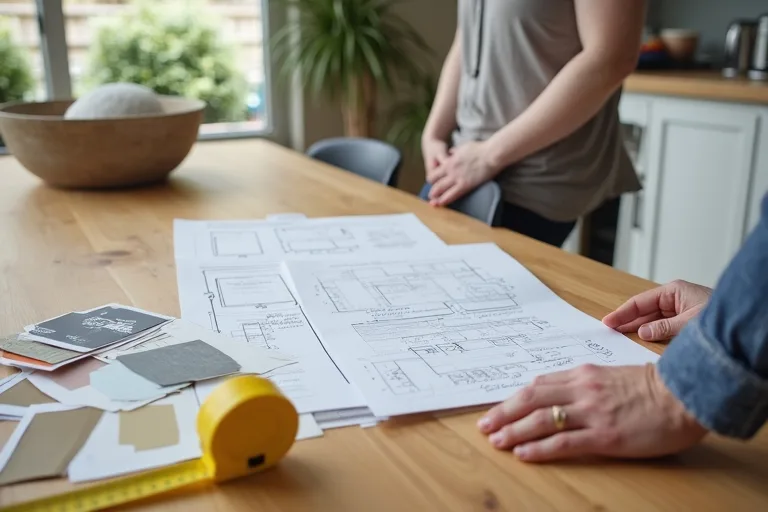 Home renovation materials and room planning details being reviewed before finish selections