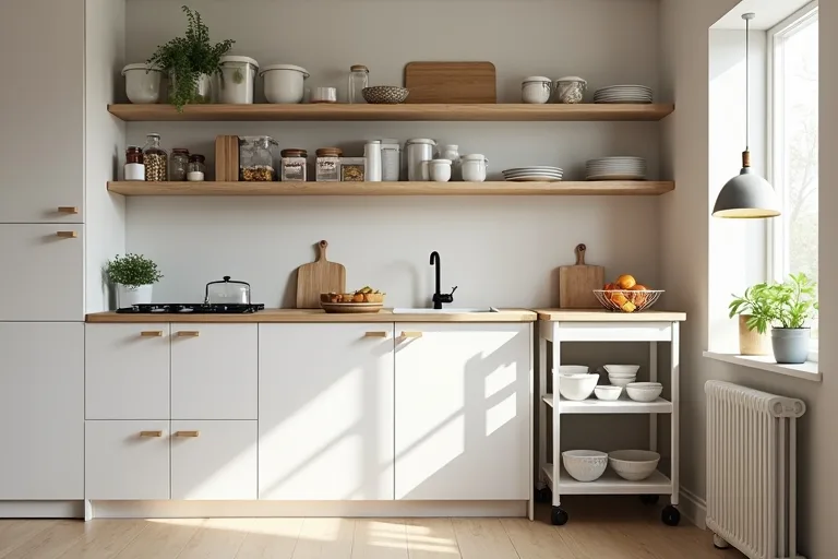 A compact kitchen layout showing the need to measure before choosing bins shelves or cabinets