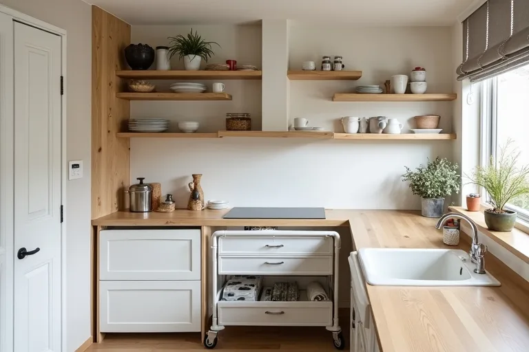 Kitchen storage finished with cabinets and a rolling cart used for flexible everyday access
