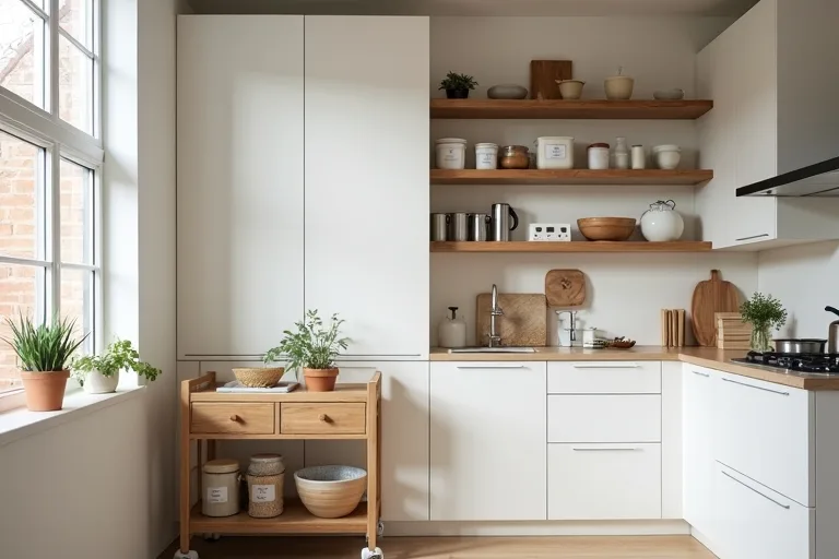 Open shelving and labeled pantry containers used for practical kitchen storage planning
