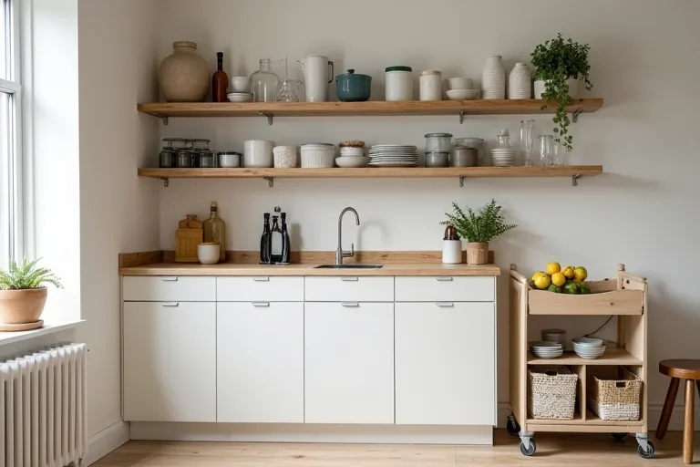 A practical kitchen corner with shelves, pantry containers, and a rolling kitchen cart with storage