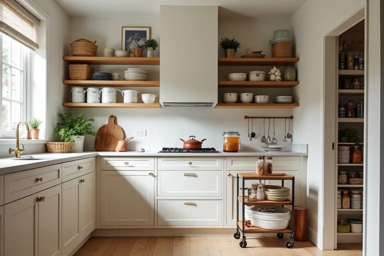 A kitchen countertop with grouped everyday items and storage choices that still leave some visual clutter