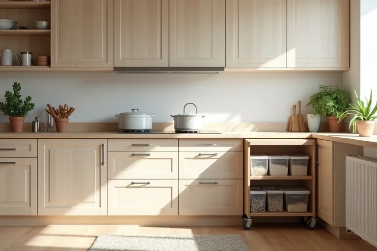 A calm kitchen with closed storage, clear pantry containers, and a rolling kitchen cart that keeps clutter down