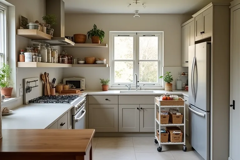 Open shelving and countertop storage that feels orderly but still slightly busy in a lived-in kitchen