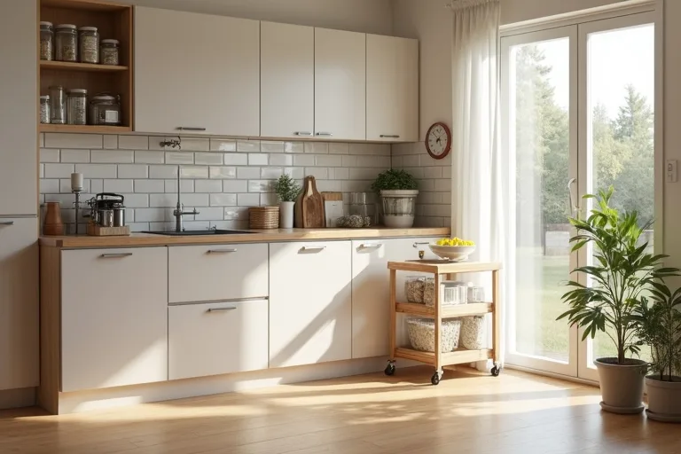 Neatly arranged pantry shelves with clear airtight containers that reduce visual clutter