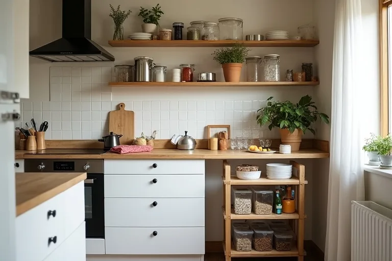 A lived-in kitchen with a rolling storage cart, pantry containers, and a few visible storage mistakes that create visual clutter